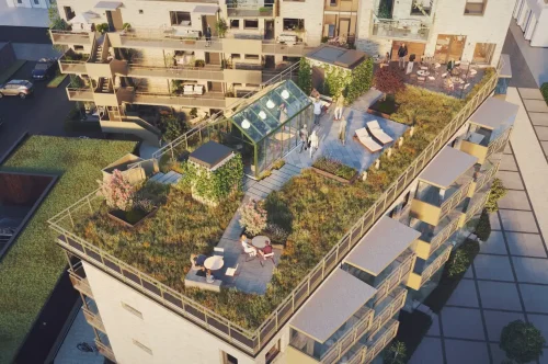 Visualisering av takterrassen på Terrassen med växthus, planteringar och sittplatser