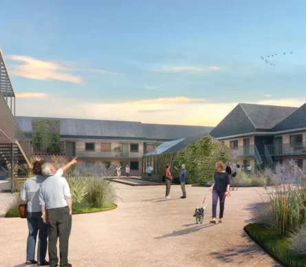 Visualisering av innergården i Fyra Famnar i Viken med gångvägar och planteringar