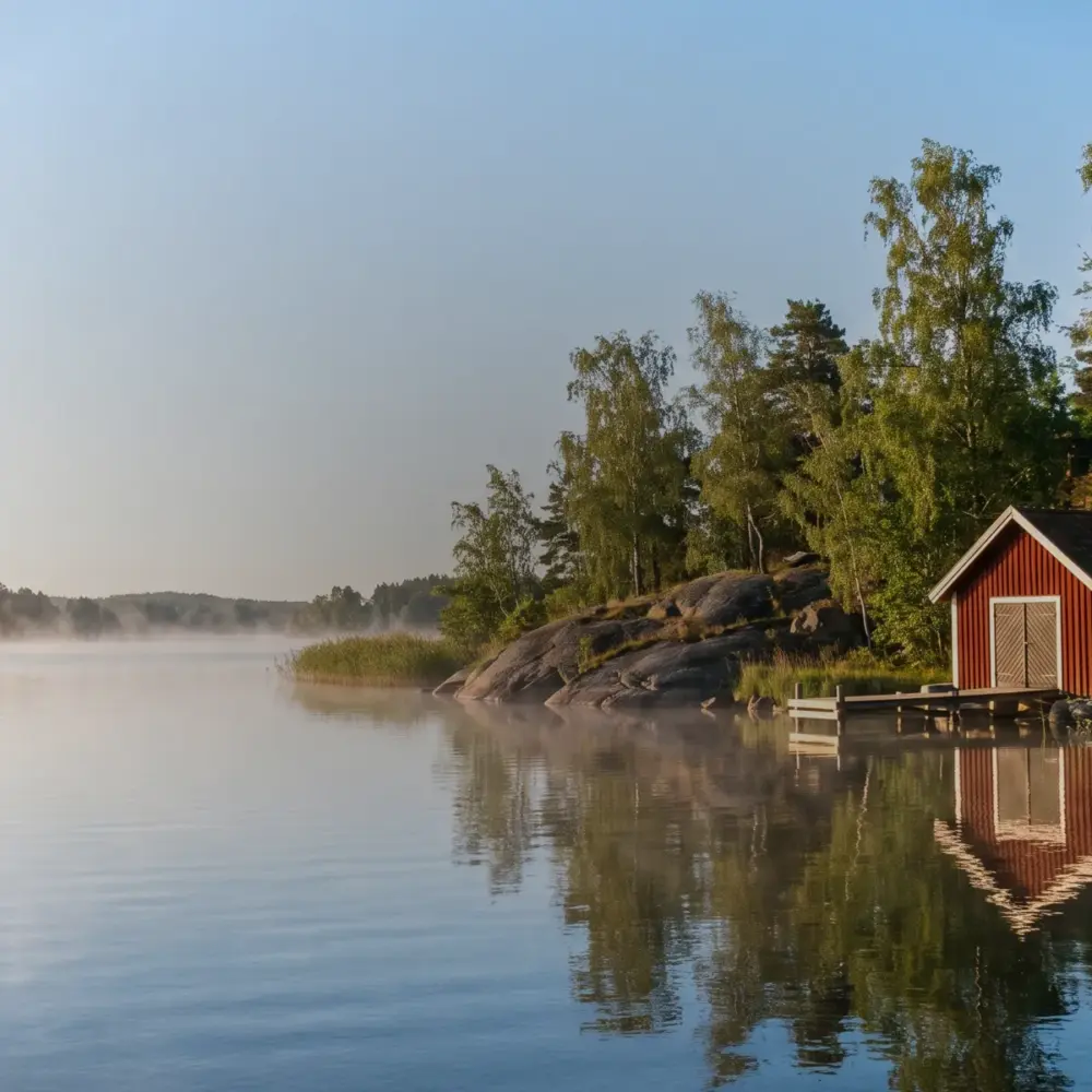 Morgondimma över en stilla sjö med en röd sjöbod vid stranden