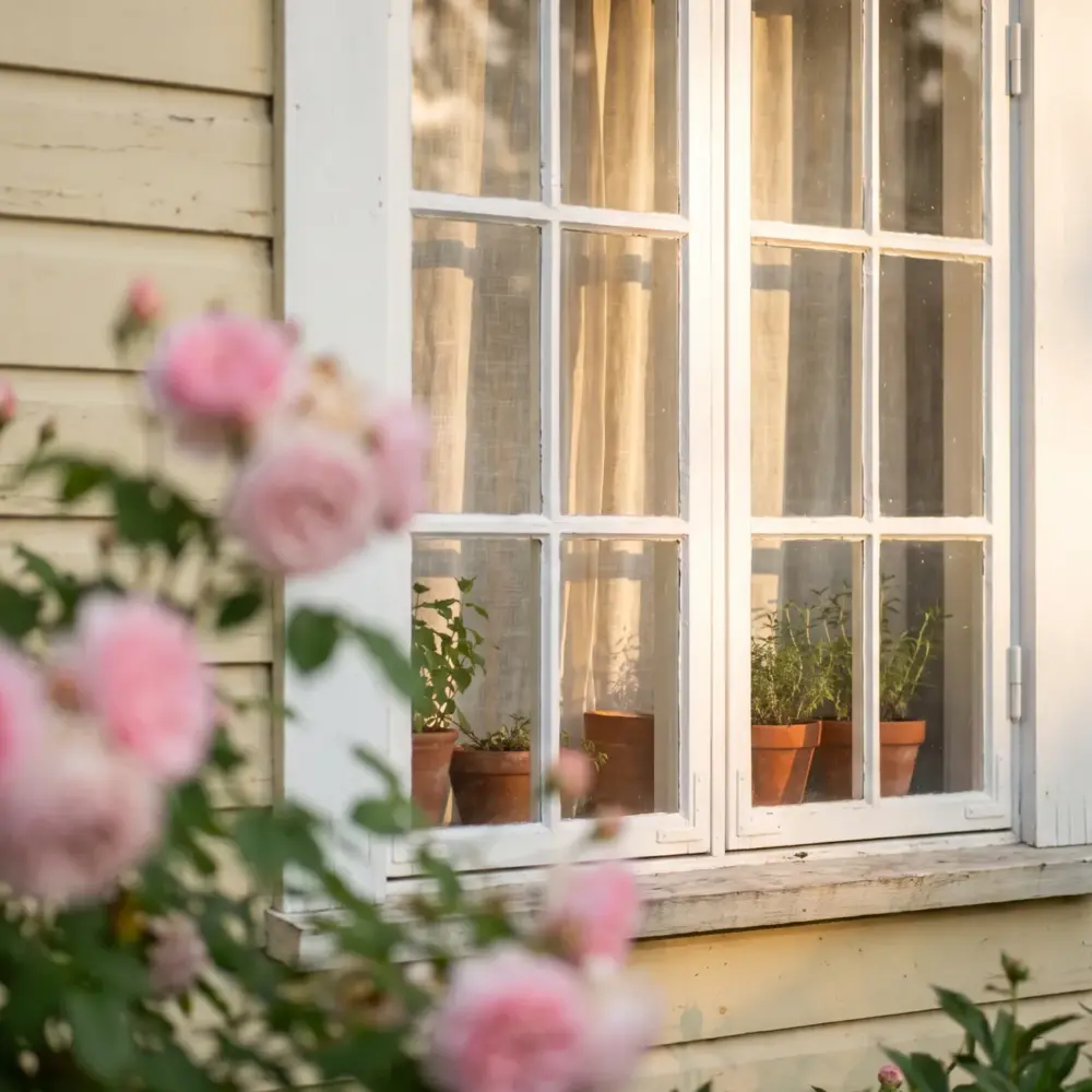 Fönster i ett gult trähus med rosa rosor framför