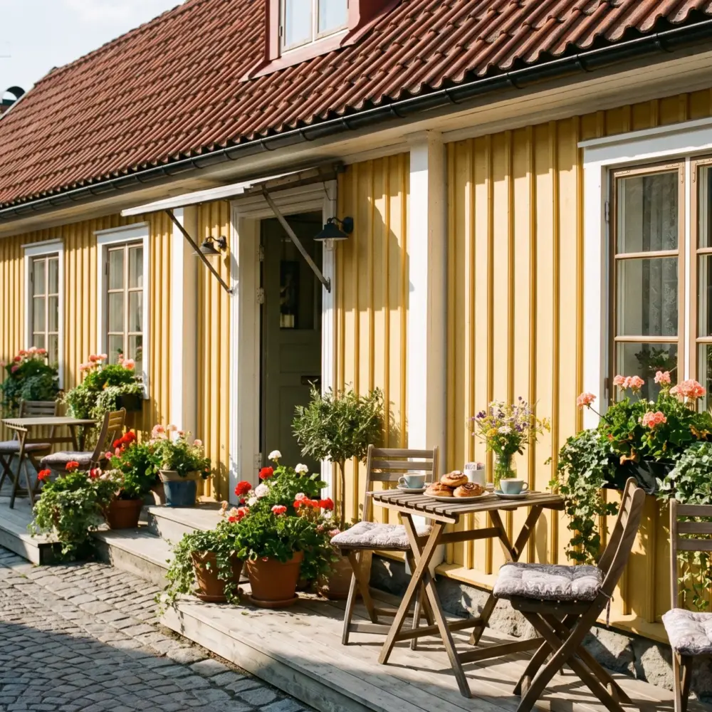 Gult trähus med kafébord, blommor och sittplatser utomhus