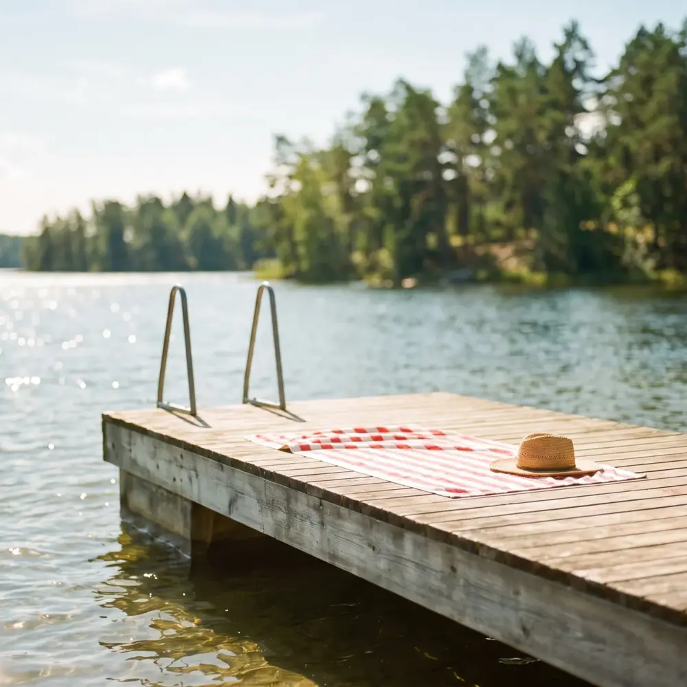 Träbrygga med badstege vid en sjö en solig sommardag
