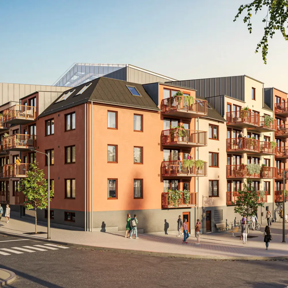 Visualisering av fasaden på Sigtuna Stadsängar med balkonger mot gatan