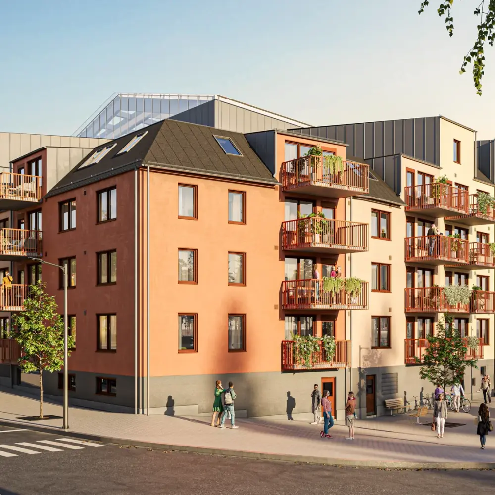 Visualisering av fasaden på Sigtuna Stadsängar med balkonger mot gatan