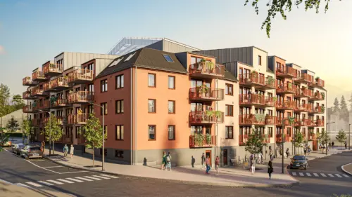 Visualisering av fasaden på Sigtuna Stadsängar med balkonger mot gatan