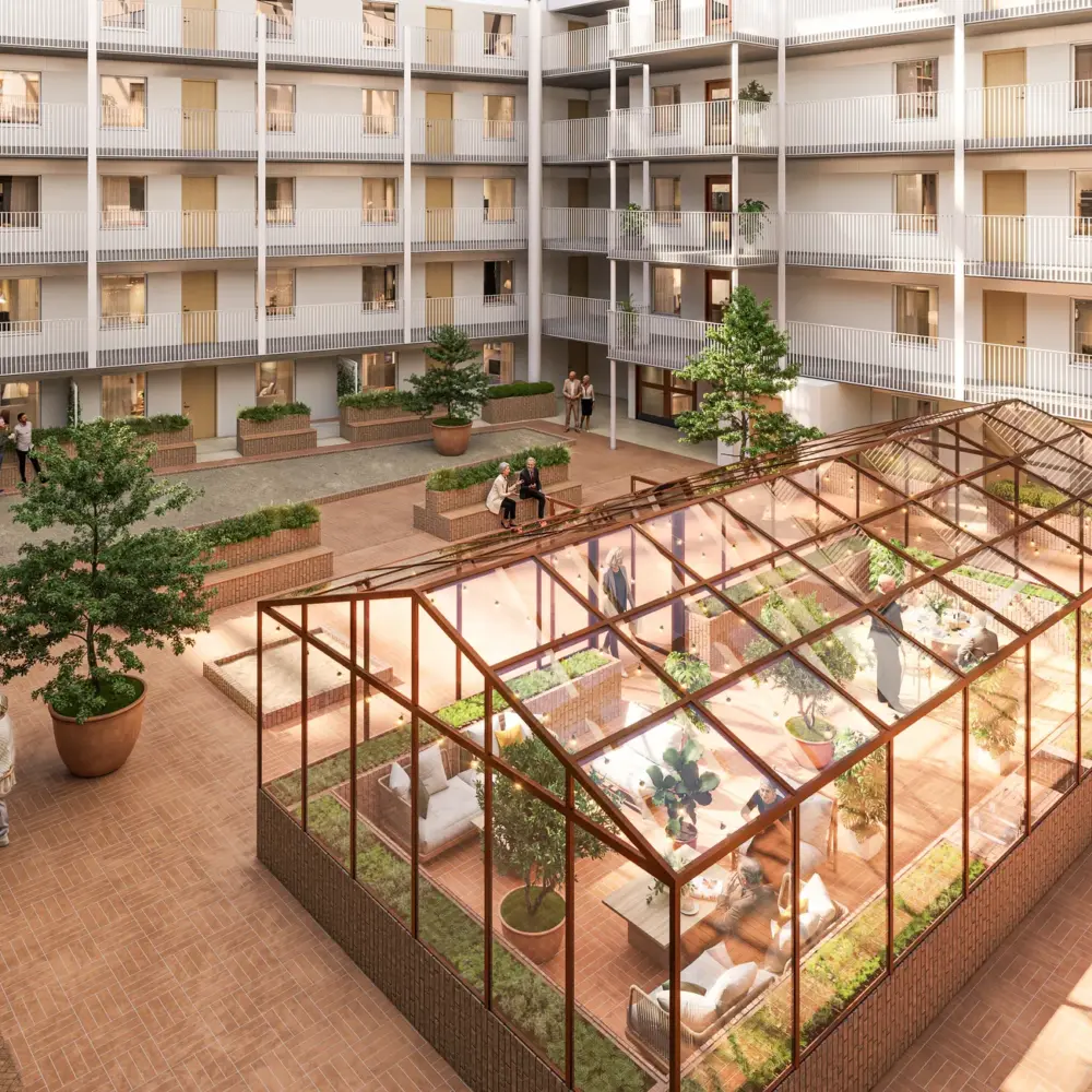 Visualisering av innergården i Sigtuna Stadsängar med växthus, planteringar och balkonger runt gården