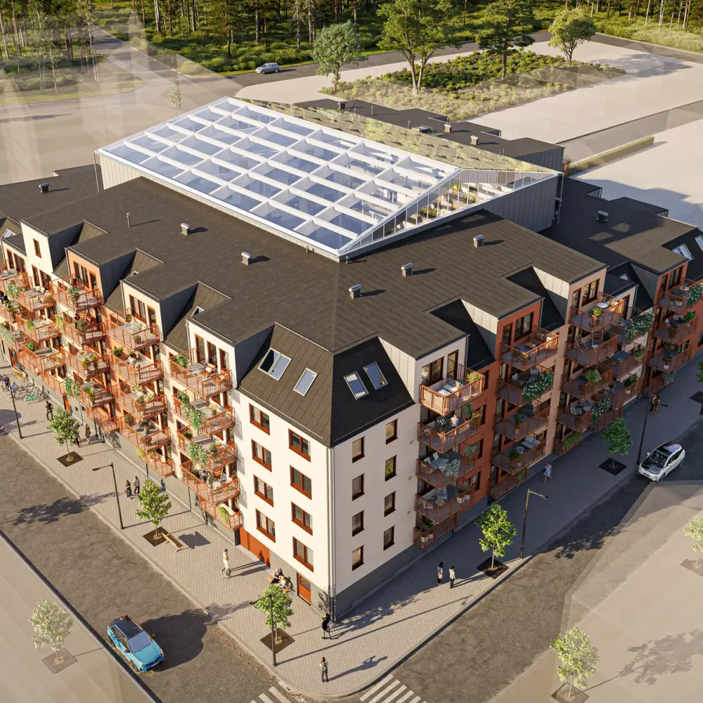 Visualisering av Sigtuna Stadsängar sett ovanifrån, med innergård och omgivande gator