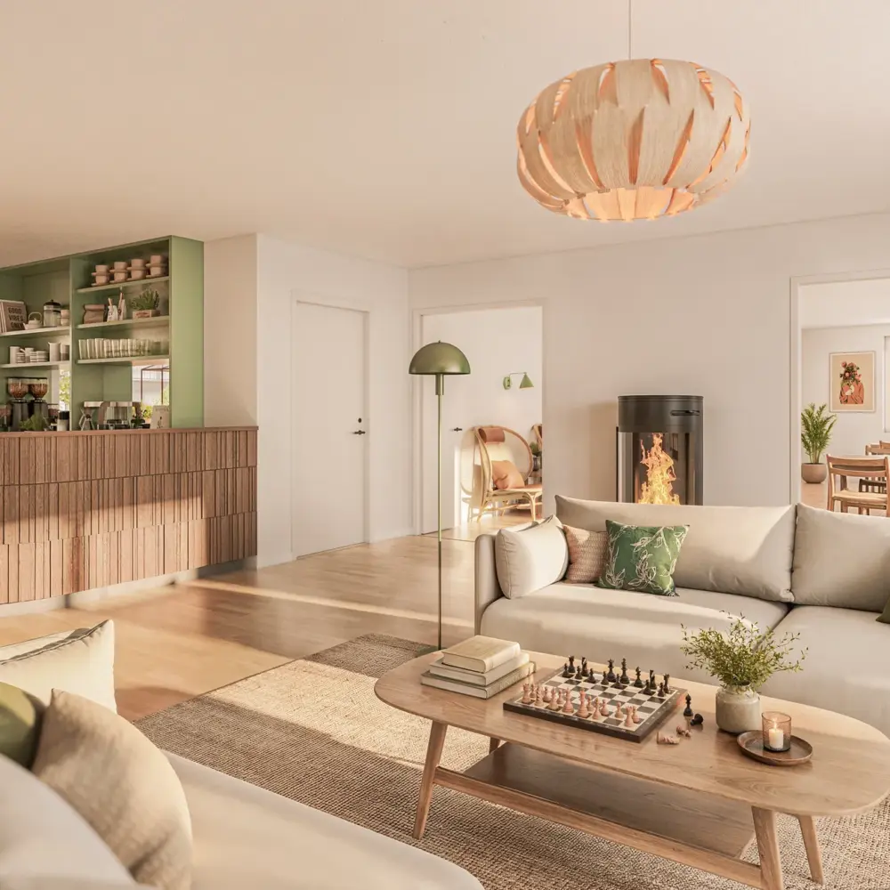 Visualisering av gemensamhetslokalen i Sigtuna Stadsängar med soffgrupp, kök och bardisk