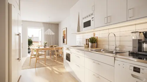 Visualisering av ett ljust kök med vita skåp och matplats vid fönstret i Sigtuna Stadsängar