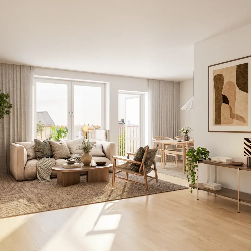 Visualisering av ett ljust vardagsrum med soffa och stora fönster i en lägenhet i Sigtuna Stadsängar