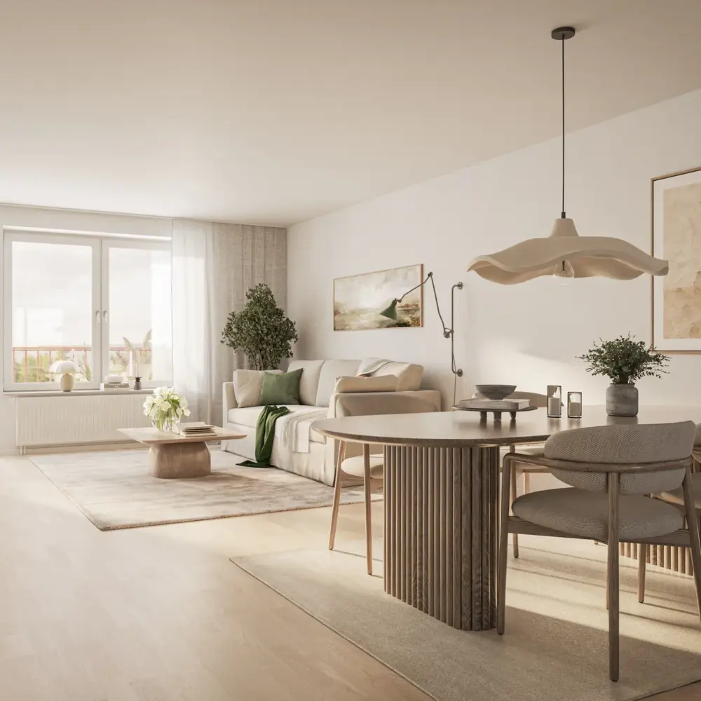 Visualisering av ett vardagsrum med matbord och öppen planlösning i Sigtuna Stadsängar