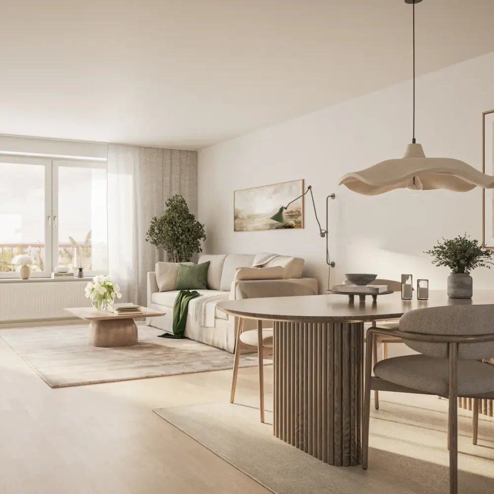 Visualisering av ett vardagsrum med matbord och öppen planlösning i Sigtuna Stadsängar