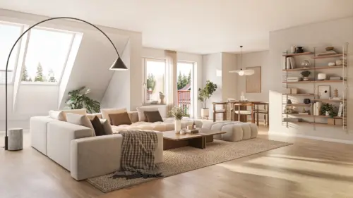 Visualisering av ett vardagsrum med snedtak och takfönster i en vindslägenhet i Sigtuna Stadsängar